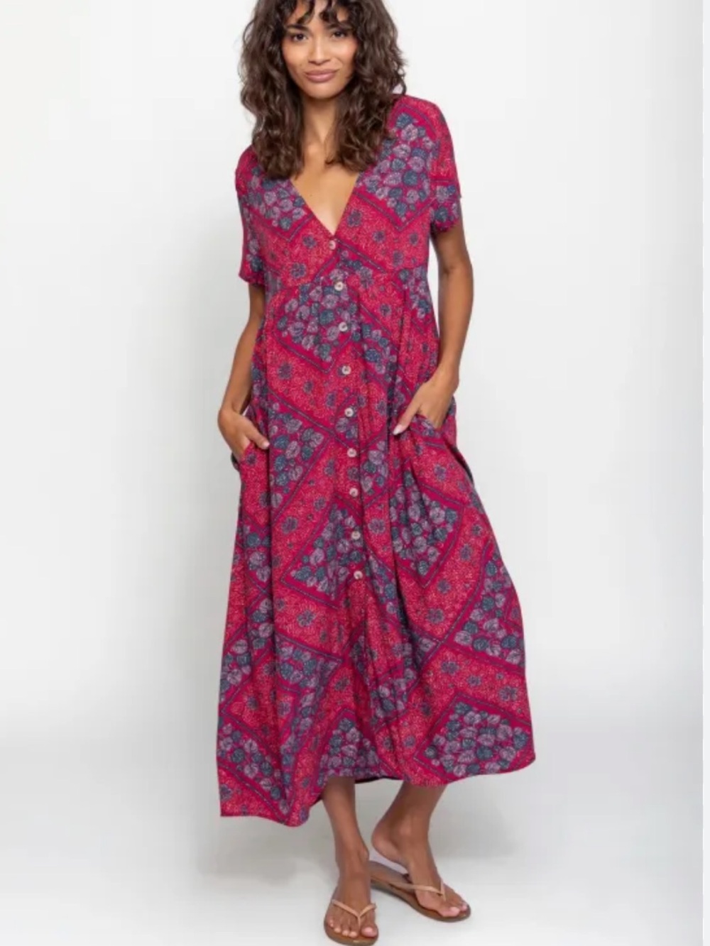 NWT - NATURAL LIFE Avery Short Sleeve Maxi Dress, pink bandana print